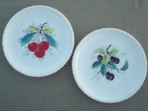 photo of set of 8 vintage Westmoreland milk glass plates w/ hand painted fruit #4