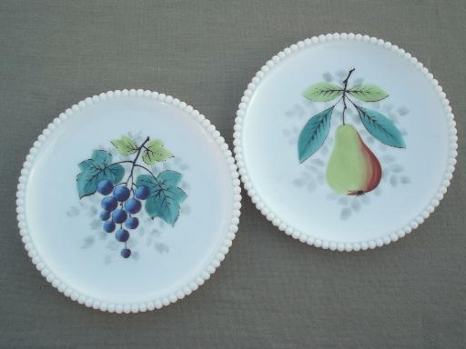 photo of set of 8 vintage Westmoreland milk glass plates w/ hand painted fruit #5