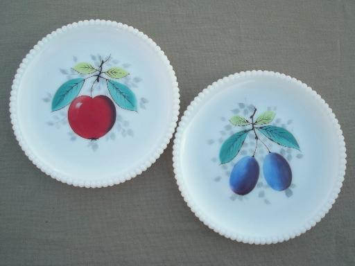 photo of set of 8 vintage Westmoreland milk glass plates w/ hand painted fruit #6