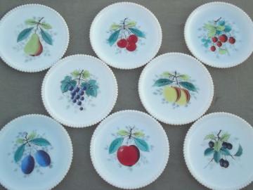 catalog photo of set of 8 vintage Westmoreland milk glass plates w/ hand painted fruit