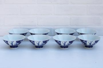 set of 8 vintage blue white porcelain rice or noodle bowls, cherry plum blossom flowering branch