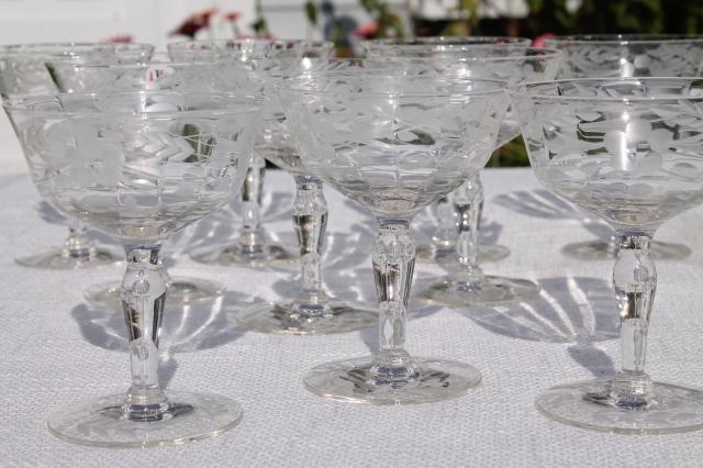 photo of set of 8 vintage coupe champagnes, crystal clear etched cut glass champagne saucers #1