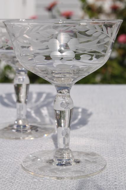 photo of set of 8 vintage coupe champagnes, crystal clear etched cut glass champagne saucers #2