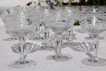 catalog photo of set of 8 vintage coupe champagnes, crystal clear etched cut glass champagne saucers