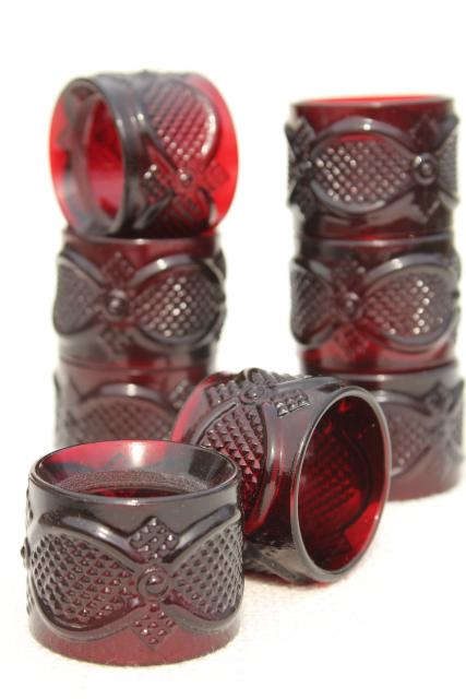 photo of set of 8 vintage glass napkin rings, Avon Cape Cod pattern ruby red glass #1