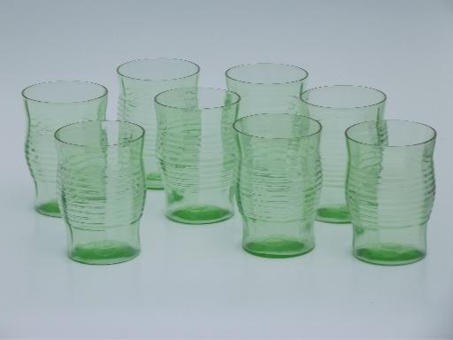 photo of set of 8 vintage green depression glass tumblers, banded ring on optic #1