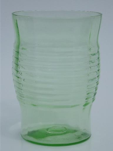 photo of set of 8 vintage green depression glass tumblers, banded ring on optic #2
