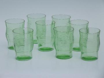 catalog photo of set of 8 vintage green depression glass tumblers, banded ring on optic
