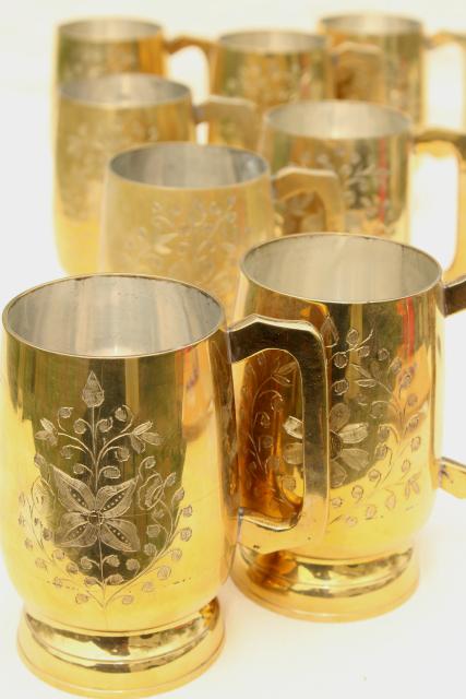 photo of set of 8 vintage moscow mule mugs, etched brass beer steins or tavern cups #1