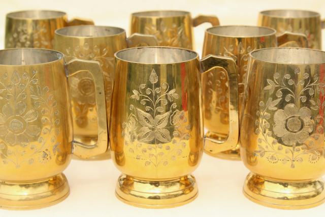 photo of set of 8 vintage moscow mule mugs, etched brass beer steins or tavern cups #2