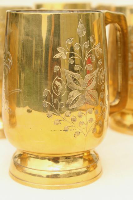 photo of set of 8 vintage moscow mule mugs, etched brass beer steins or tavern cups #3