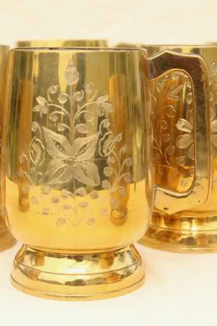 photo of set of 8 vintage moscow mule mugs, etched brass beer steins or tavern cups #4