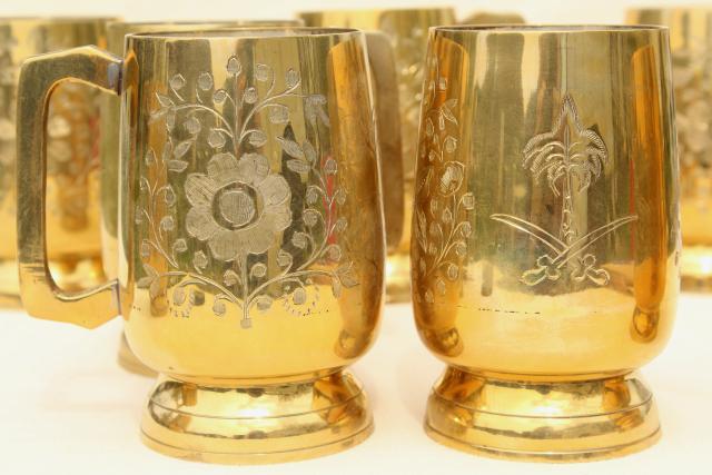 photo of set of 8 vintage moscow mule mugs, etched brass beer steins or tavern cups #6