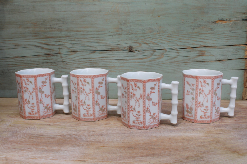 photo of set of 80s 90s vintage mugs, china bamboo handle blush pink chinoiserie floral #1