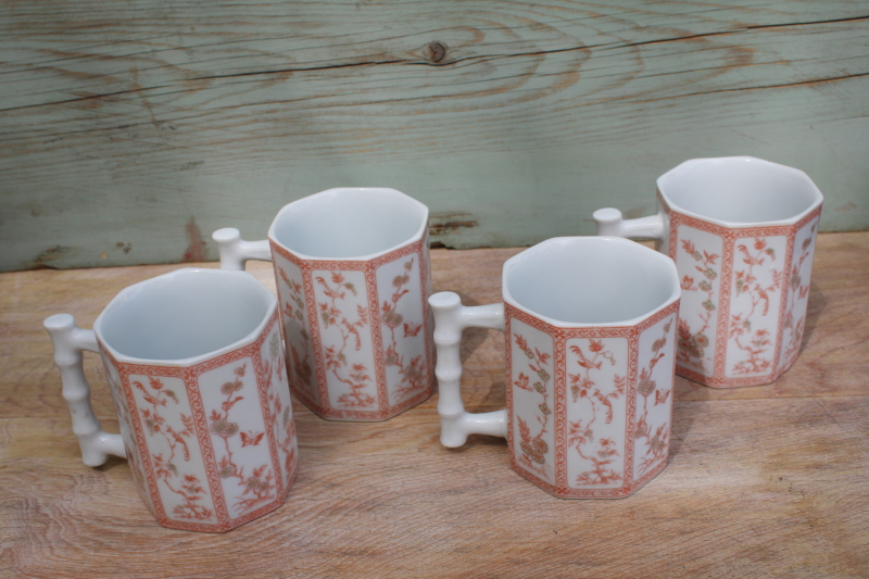 photo of set of 80s 90s vintage mugs, china bamboo handle blush pink chinoiserie floral #2