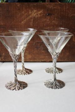 catalog photo of set of Grey Goose vodka cocktail glasses, mythical fairy tale style glass / pewter