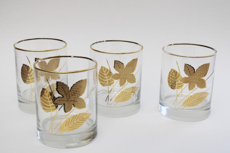 photo of set of Libbey on the rocks drinking glasses w/ gold leaves, Culver or Briard vintage #1