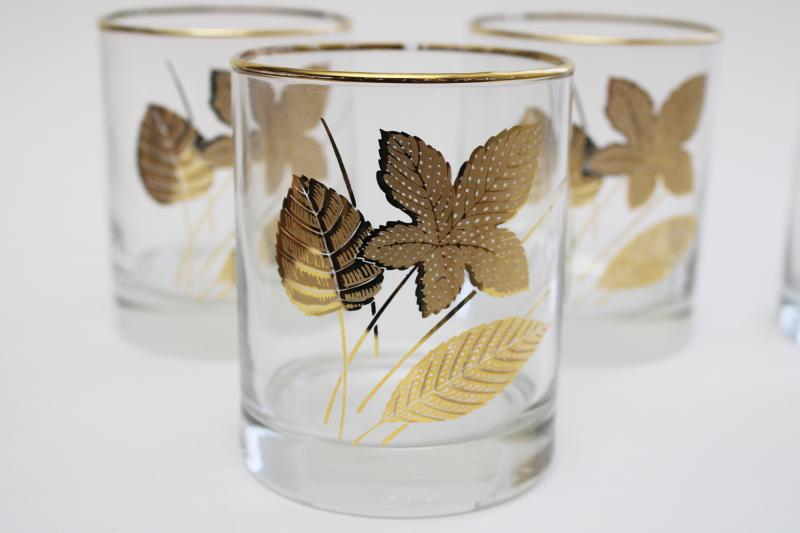 photo of set of Libbey on the rocks drinking glasses w/ gold leaves, Culver or Briard vintage #2