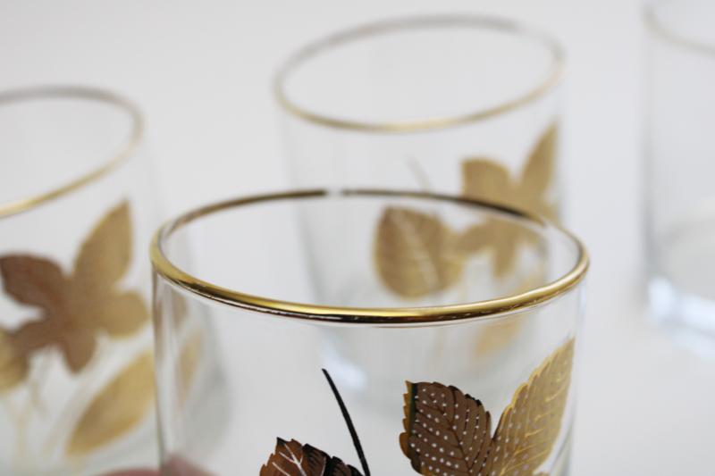 photo of set of Libbey on the rocks drinking glasses w/ gold leaves, Culver or Briard vintage #3