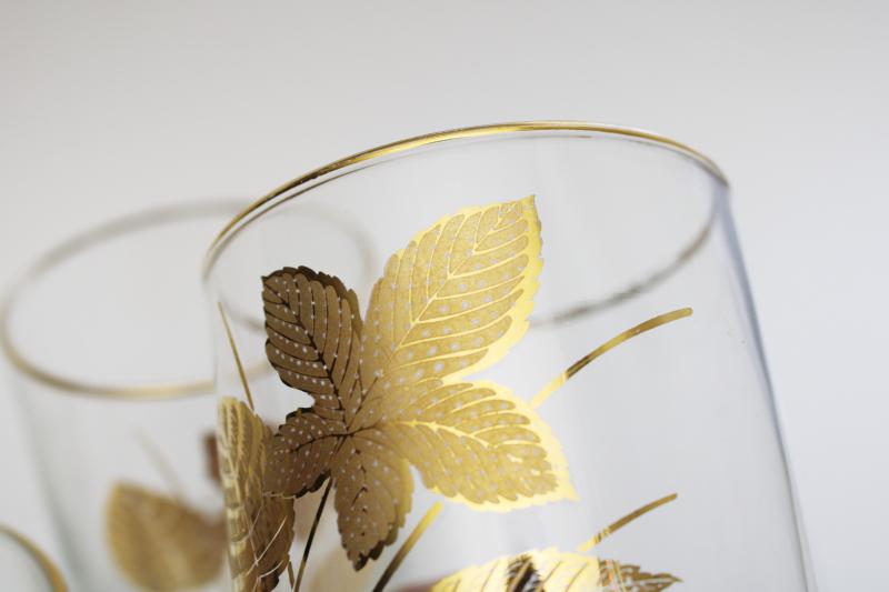 photo of set of Libbey on the rocks drinking glasses w/ gold leaves, Culver or Briard vintage #4