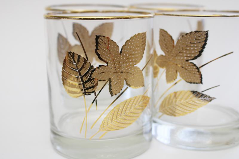 photo of set of Libbey on the rocks drinking glasses w/ gold leaves, Culver or Briard vintage #7