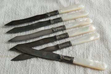 catalog photo of set of antique fruit knives w/ mother of pearl handles, engraved silver or sterling