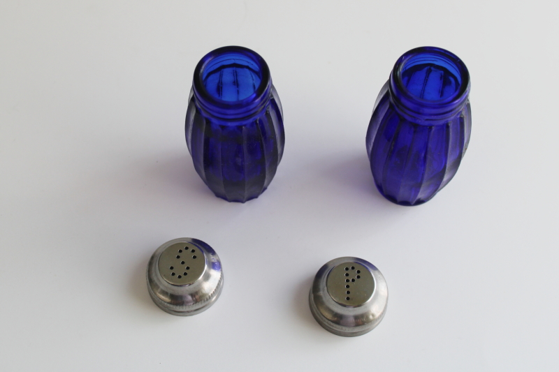 photo of set of cobalt blue glass S&P shakers vintage reproduction ribbed jars w/ metal lids  #2