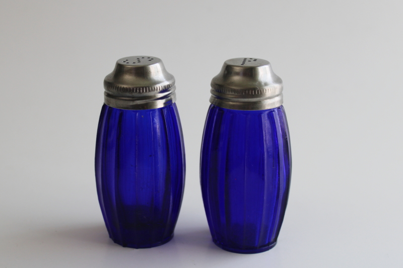 photo of set of cobalt blue glass S&P shakers vintage reproduction ribbed jars w/ metal lids  #4
