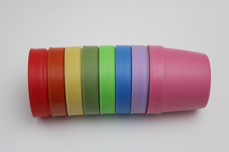 photo of set of eight 1970s vintage plastic mugs, margarine cups in rainbow colors collection #2