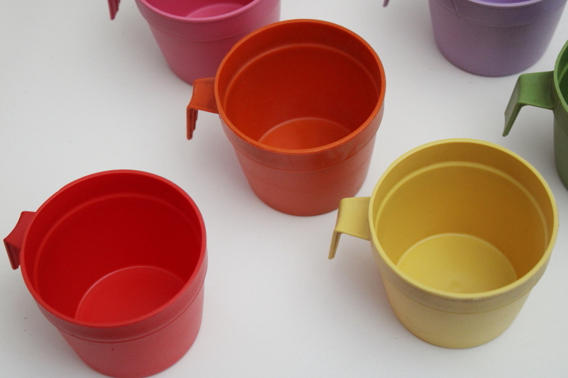 photo of set of eight 1970s vintage plastic mugs, margarine cups in rainbow colors collection #3