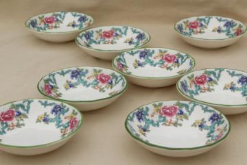 catalog photo of set of eight fruit bowls, vintage Royal Doulton Floradora green trim floral china