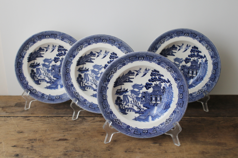 photo of set of four 8 inch soup bowls Johnson Bros England blue willow china, never used vintage  #1