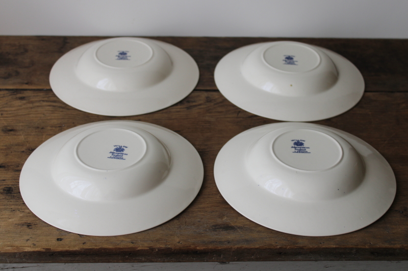 photo of set of four 8 inch soup bowls Johnson Bros England blue willow china, never used vintage  #5