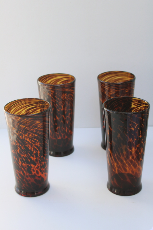 photo of set of four hand blown tortoise glass drinking glasses, big tall tumblers #1