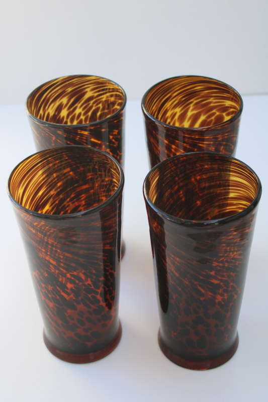 photo of set of four hand blown tortoise glass drinking glasses, big tall tumblers #2