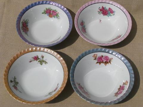 photo of set of four large bowls w/ colored luster bands, vintage Japan china #1