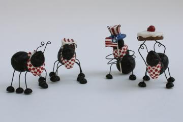 catalog photo of set of four picnic ants resin figurines, country primitive folk art style summer decor 
