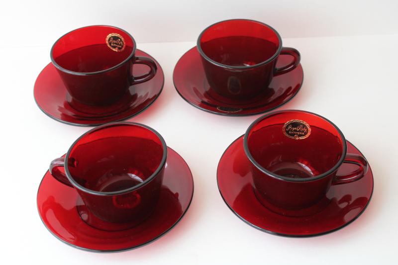 photo of set of four royal ruby red glass cups & saucers w/ original Anchor Hocking labels #1