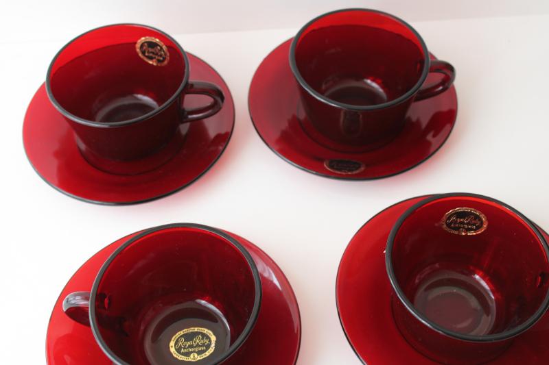 photo of set of four royal ruby red glass cups & saucers w/ original Anchor Hocking labels #2