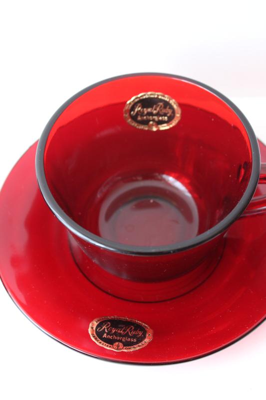 photo of set of four royal ruby red glass cups & saucers w/ original Anchor Hocking labels #3