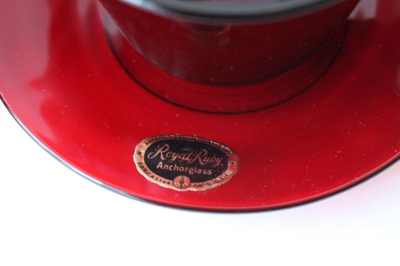 photo of set of four royal ruby red glass cups & saucers w/ original Anchor Hocking labels #5