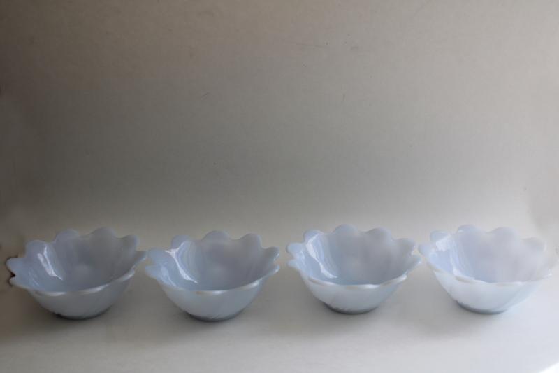 photo of set of four vintage Fire King azurite blue glass lotus flower bowls #3