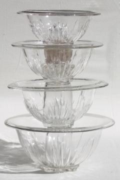 catalog photo of set of four vintage clear kitchen glass mixing bowls, nesting stack large to small sizes