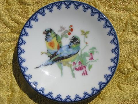photo of set of miniature vintage china plates w/ birds, cobalt blue border #3