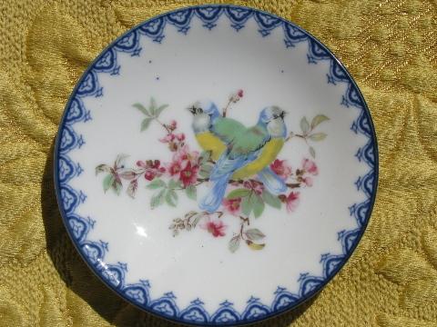 photo of set of miniature vintage china plates w/ birds, cobalt blue border #5