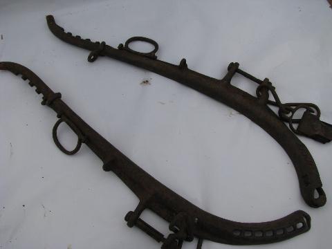 photo of set of primitive antique cast iron harness hames for team of horses, 1916 patent #7