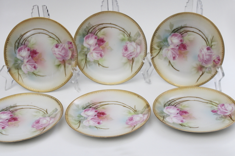 photo of set of six antique RS Germany china dessert plates w/ pink roses, early 1900s vintage #1