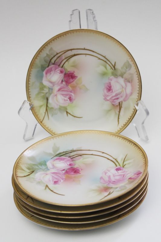 photo of set of six antique RS Germany china dessert plates w/ pink roses, early 1900s vintage #6