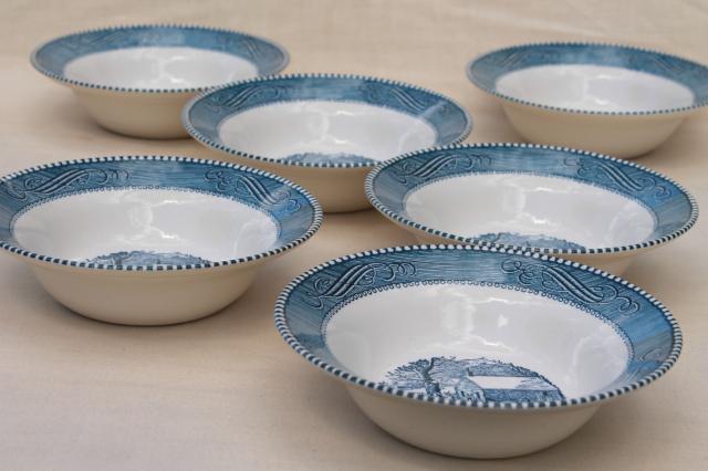 photo of set of six cereal bowls, vintage Royal china Currier & Ives blue transferware #2