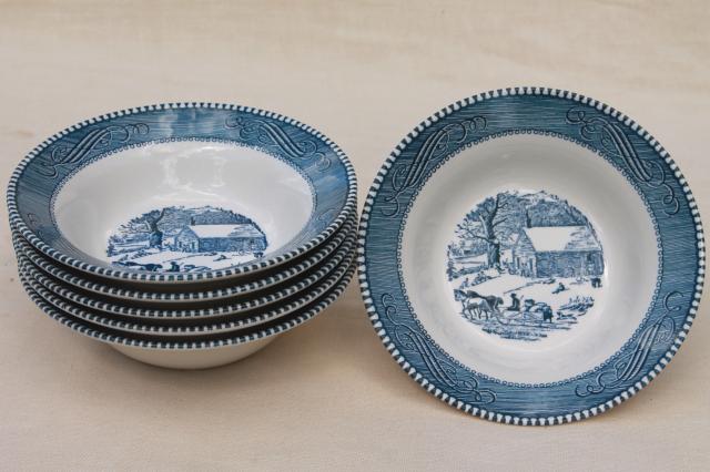 photo of set of six cereal bowls, vintage Royal china Currier & Ives blue transferware #3